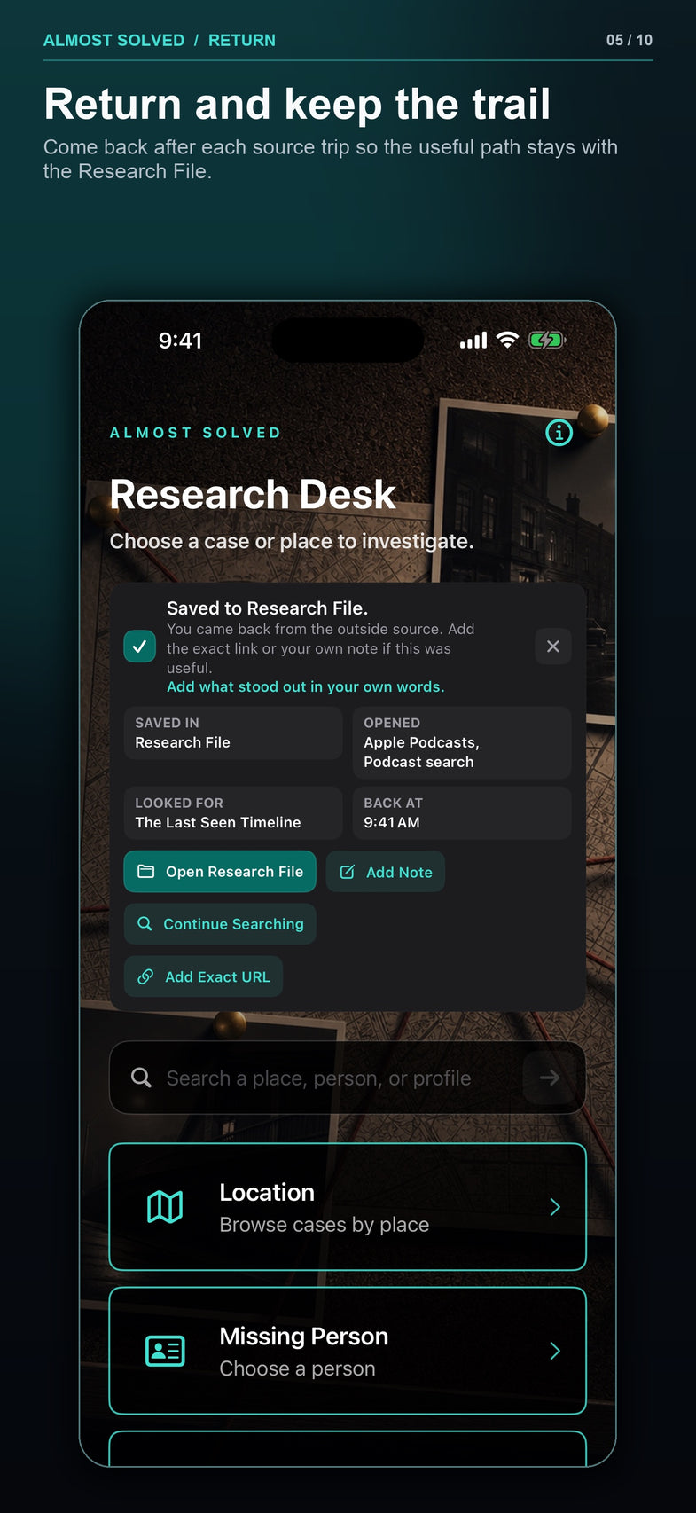 Build 33 screenshot 5 of 10 showing return confirmation and a saved research trail