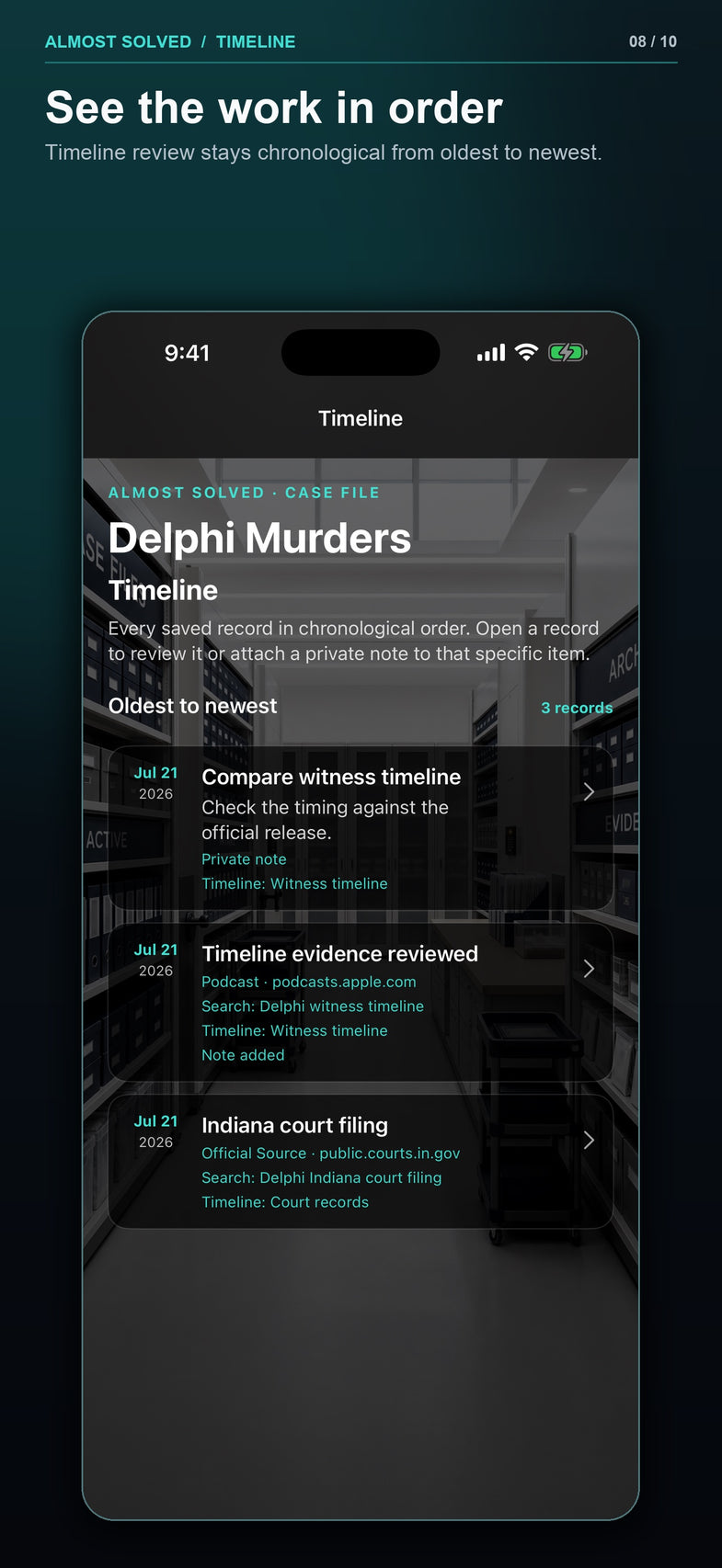 Build 33 screenshot 8 of 10 showing a chronological Research File timeline